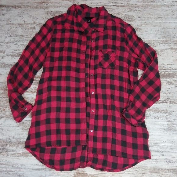 Intro Pink and Gray Flannel Tunic Button Down Top - Picture 1 of 8